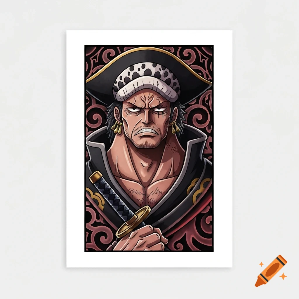 Anime portrait of a stern man resembling Silvers Rayleigh from One Piece, wearing a pirate hat and holding a sword against a decorative background.