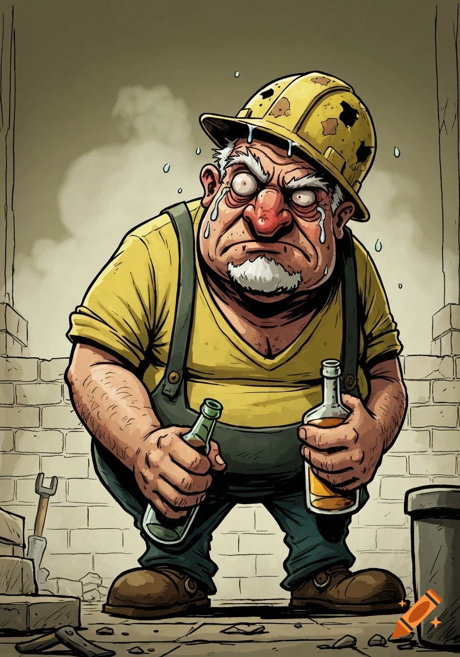 A distressed, overweight cartoon construction worker with a dirty yellow hard hat holds two liquor bottles in a construction setting.