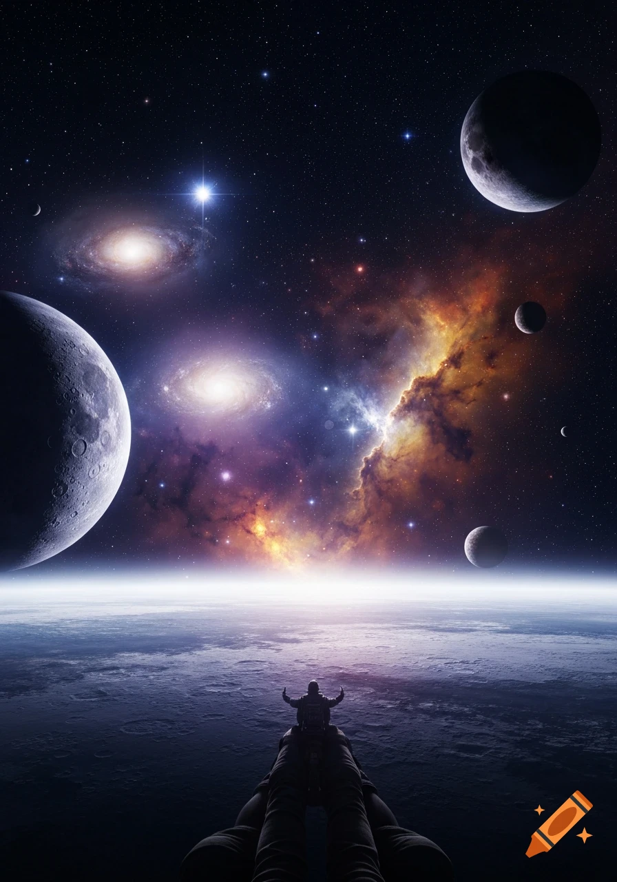Astronaut overlooking a vast cosmic scene with multiple planets, galaxies, and a colorful nebula in deep space.