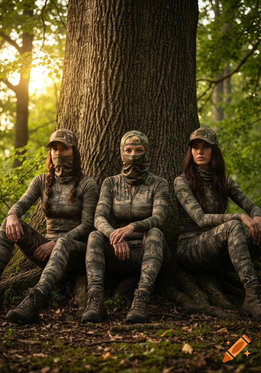Three female hunters in camouflage gear sit at the base of a large tree in a sunlit forest.