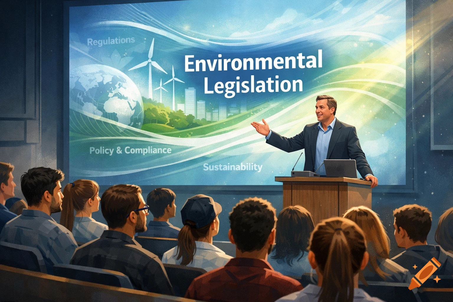 A man in a suit lectures to an audience, presenting "Environmental Legislation" on a large screen with graphics of Earth and wind turbines.