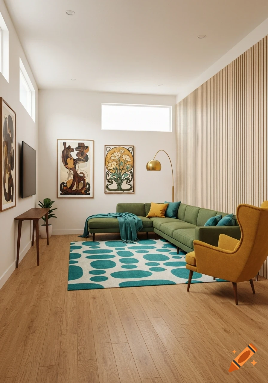 A stylish midcentury modern living room with a green L-shaped sofa, a mustard wingback chair, and a teal geometric rug.