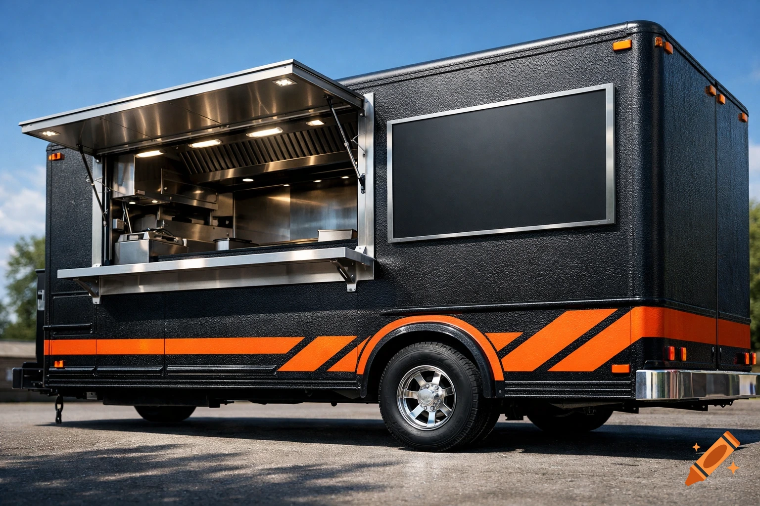Photorealistic black food truck with orange geometric stripes, open stainless steel window, and a blank branding panel, outdoors.