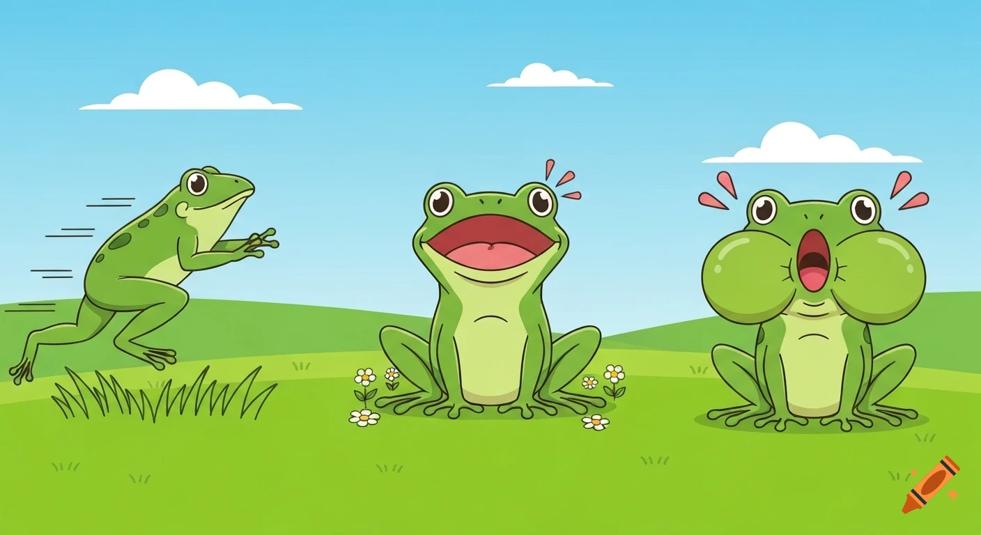 Three cartoon frogs in a grassy field; one hops, one croaks, and one puffs its cheeks.