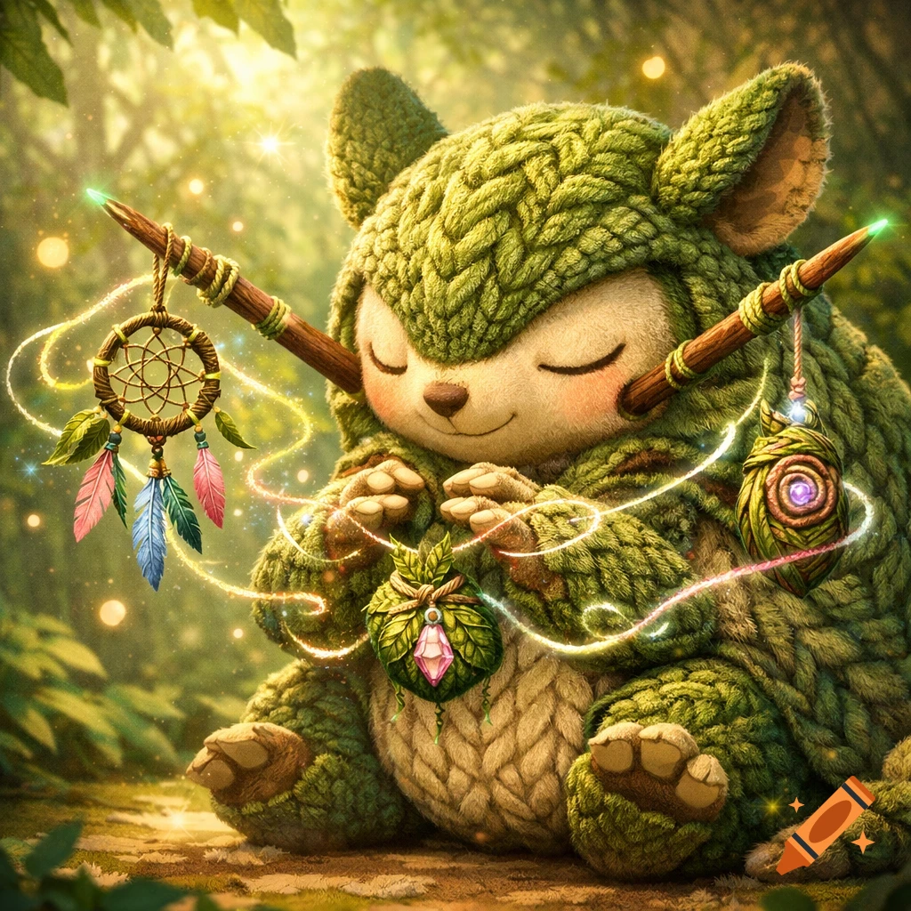 A cute, moss-covered creature with a knitted texture sits in a magical forest, meditating and holding a dreamcatcher and charm.