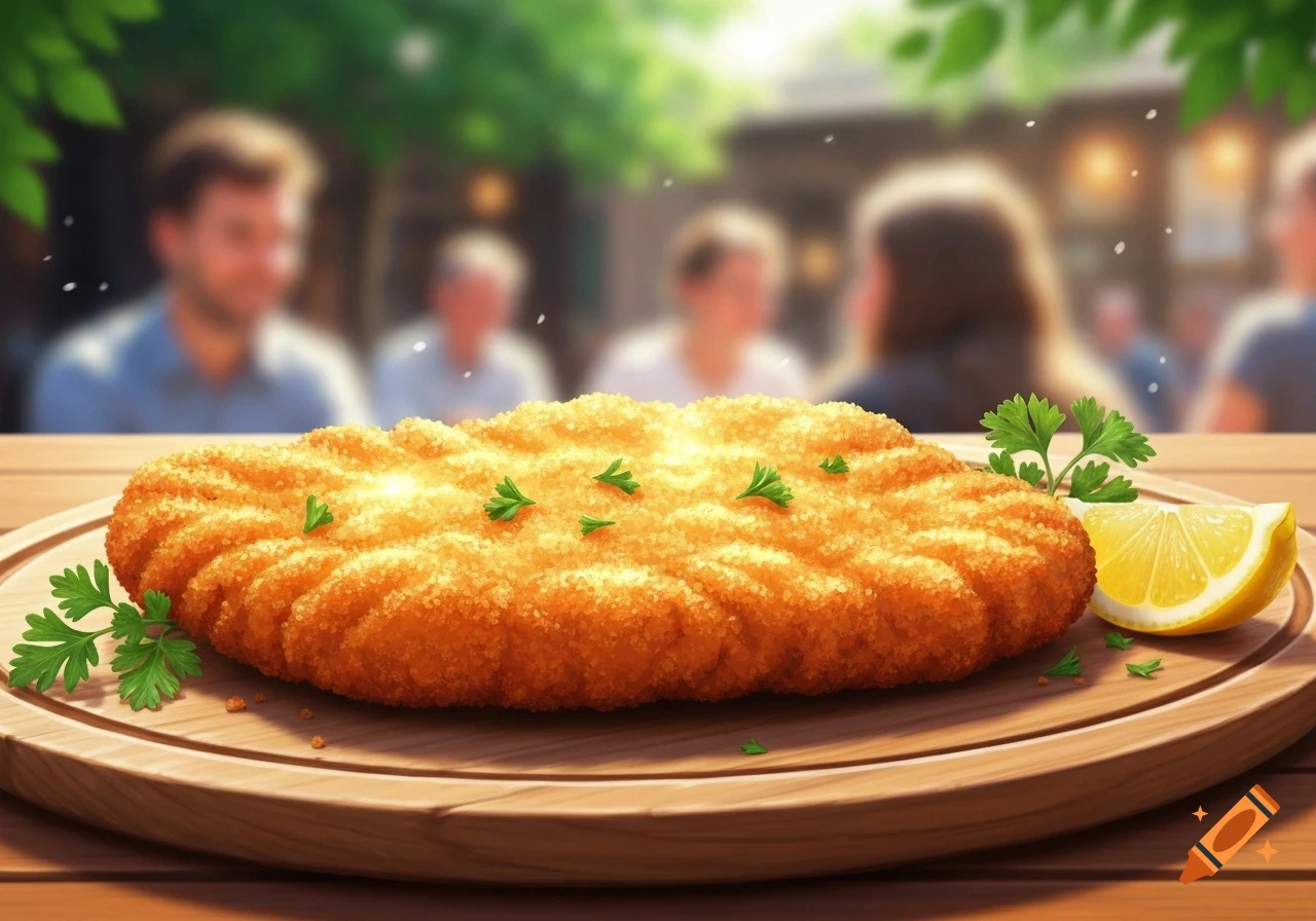 Photorealistic image of a golden-brown breaded schnitzel with parsley and a lemon wedge on a wooden board at an outdoor restaurant.