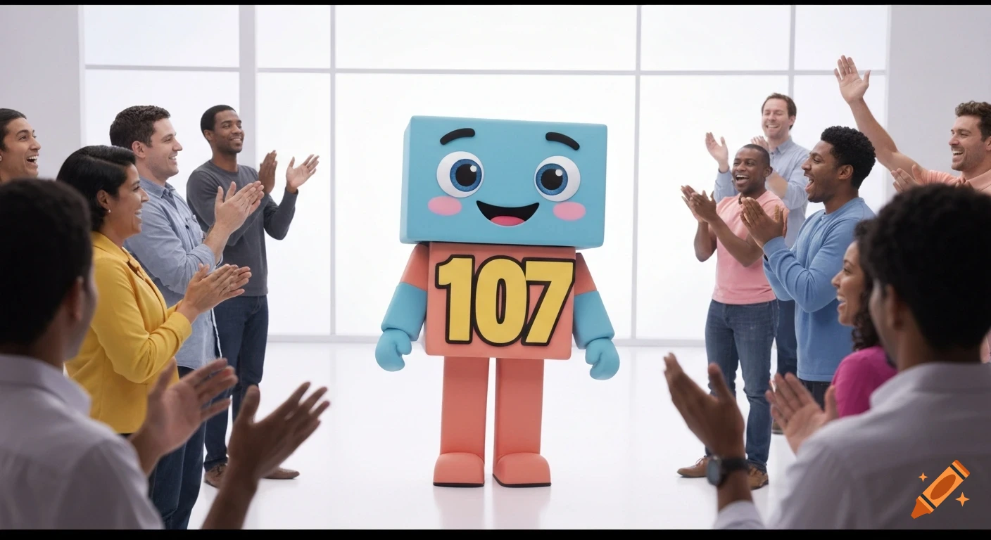A blue Numberblocks mascot with '107' on its chest stands in a bright room, surrounded by diverse people clapping and smiling.