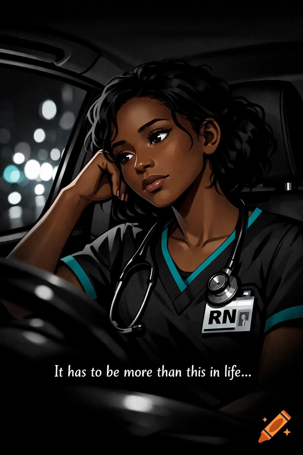 Cartoon of a thoughtful, tired Black female nurse in scrubs and a stethoscope sitting in her car at night, city lights blurred outside. Text: It has to be more than this in life...