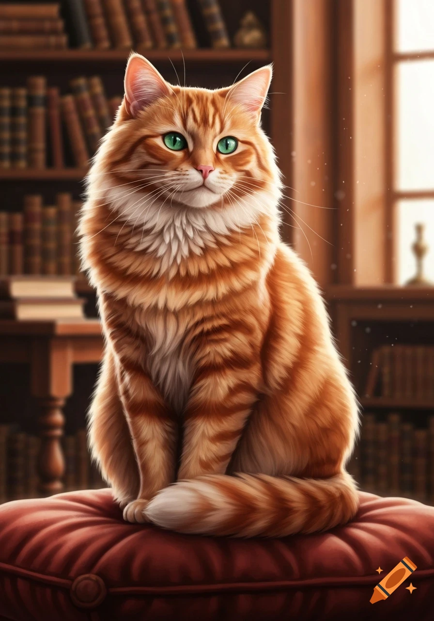 A fluffy orange tabby cat with bright green eyes sits on a red cushion in a library.