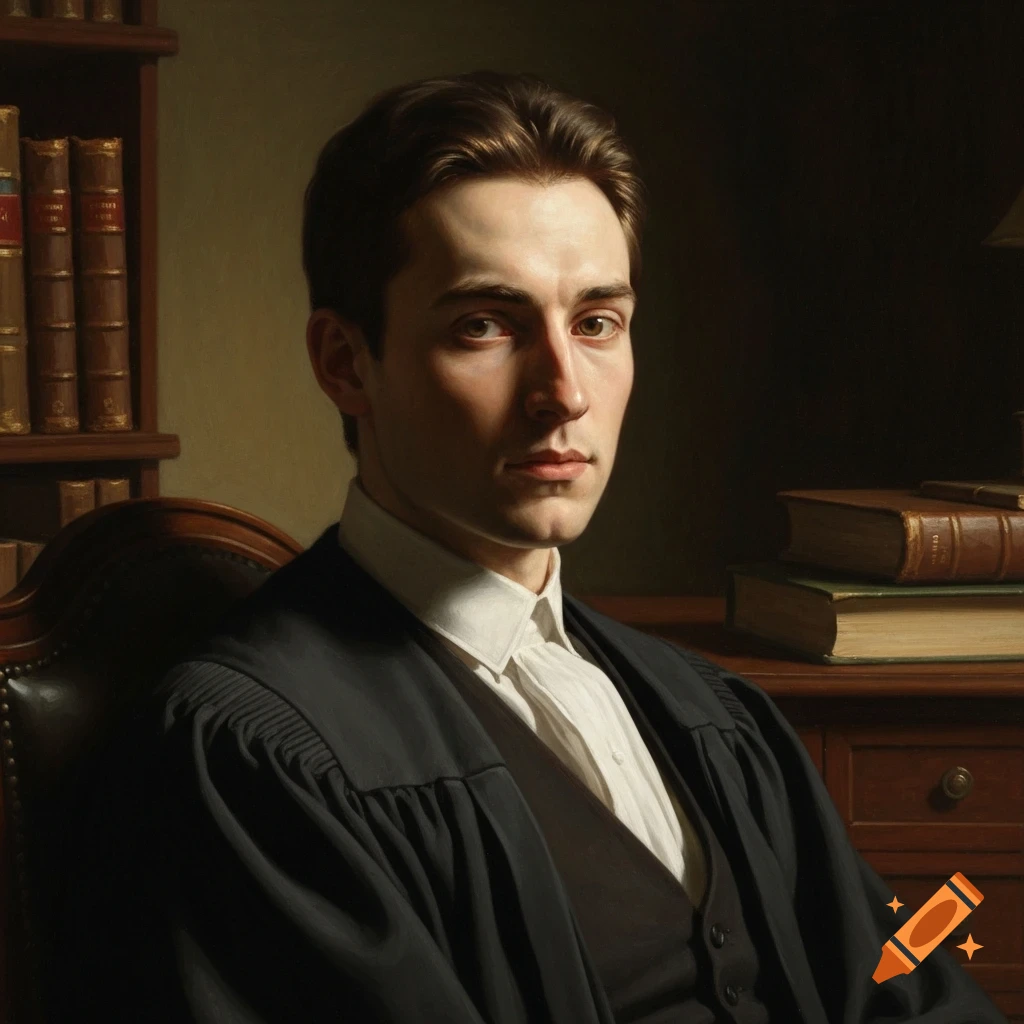 A classical style portrait painting of a young man in academic robes, seated in a dimly lit study with bookshelves and books.