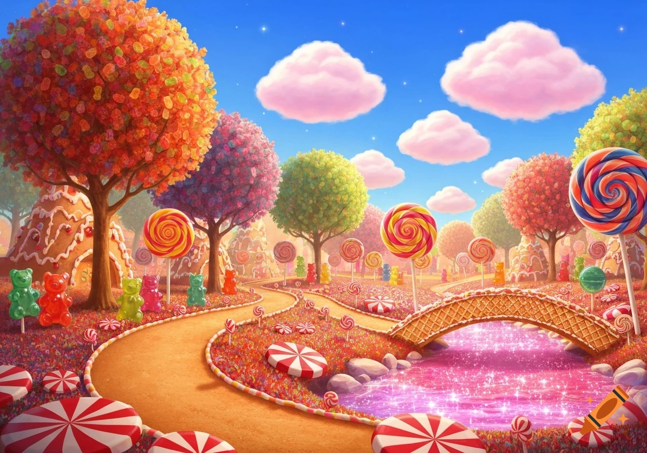 Vibrant candy land with lollipop trees, gingerbread houses, gummy bears, a winding path, and a sparkling pink river under a blue sky with pink clouds, illustration.