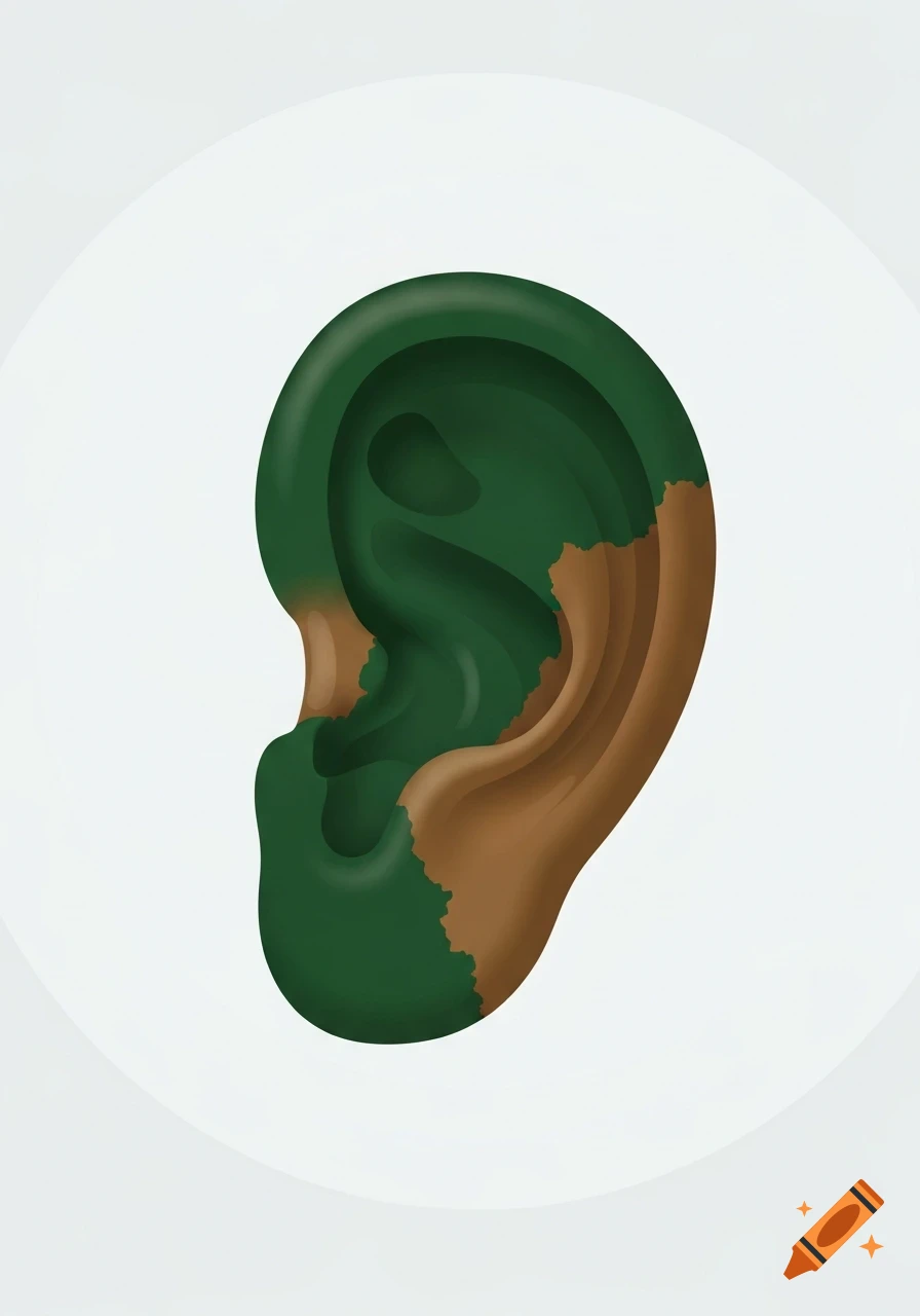 A stylized ear, partially green and brown, shaped like the state of Vermont on a white background.