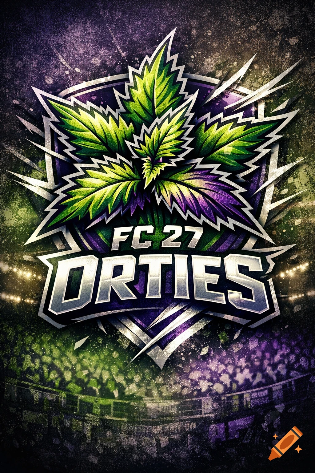 Stylized cannabis leaf logo in green and purple with 'FC 27 ORTIES' text, set against a dark, textured stadium background.