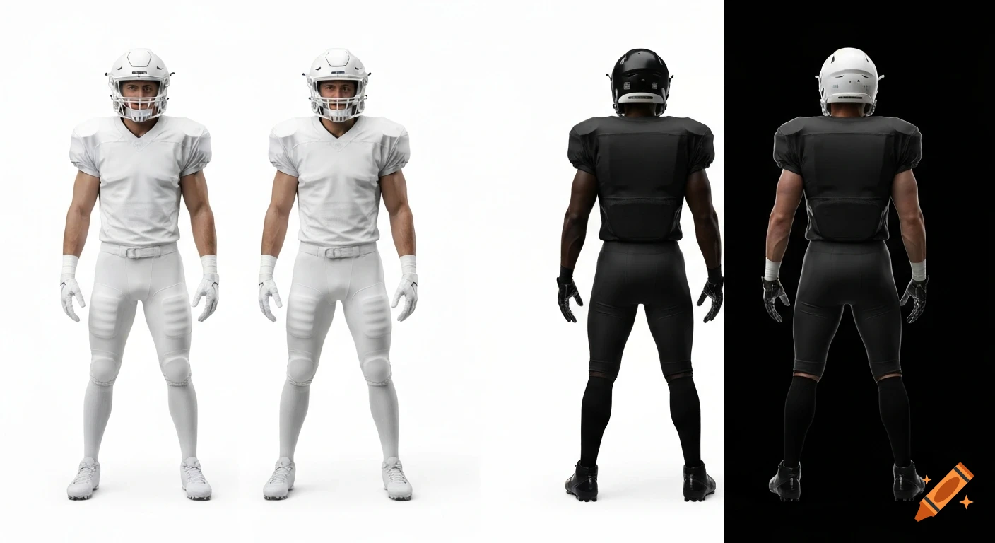 Four photorealistic American football players; two in white uniforms on white (front/back), two in black on black (front/back).