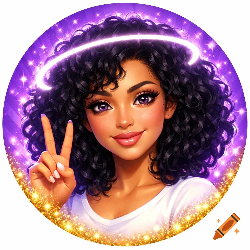 Stylized portrait of a smiling woman with dark curly hair and purple eyes, making a peace sign with a halo and sparkling purple and gold background.