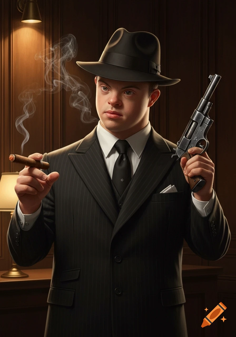 A man with Down syndrome in a pinstripe suit and fedora holds a smoking cigar and a pistol in a wood-paneled room.