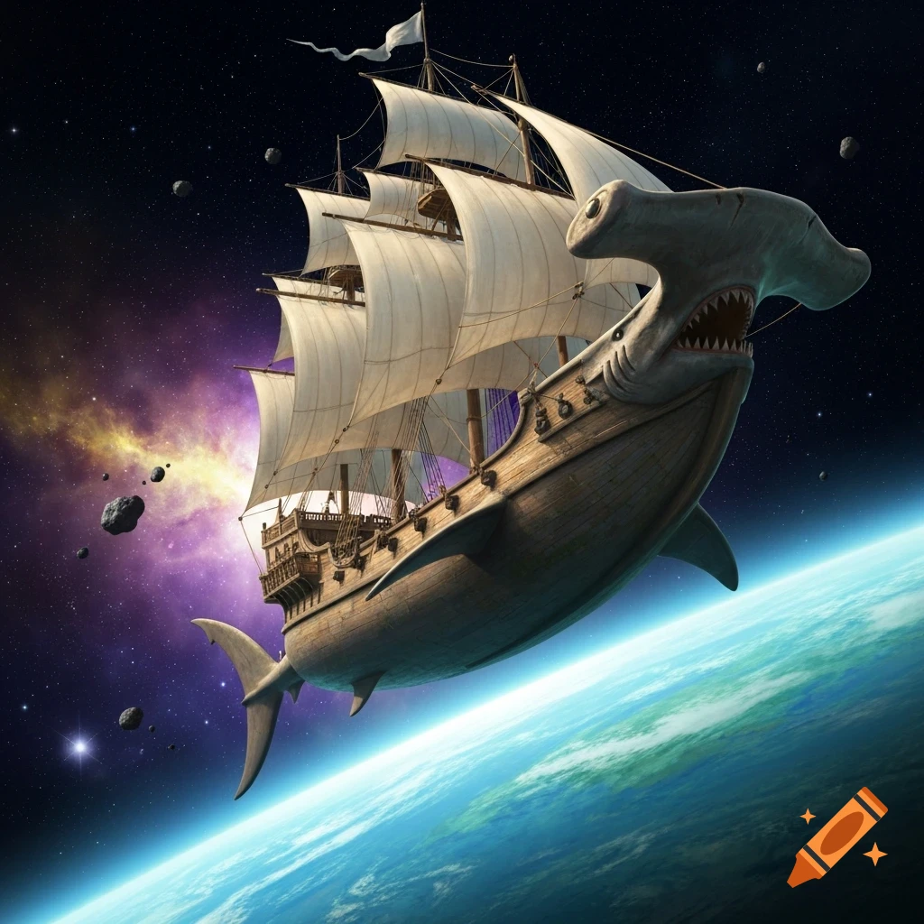 A large, detailed hammerhead shark-shaped sailing ship floats in orbit above a blue planet, with a purple nebula and asteroids in the background.