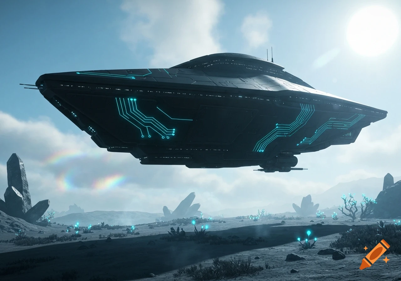 A dark, angular spaceship with glowing blue circuits hovers over a desolate alien landscape with glowing plants and sharp rock formations under a bright sun.