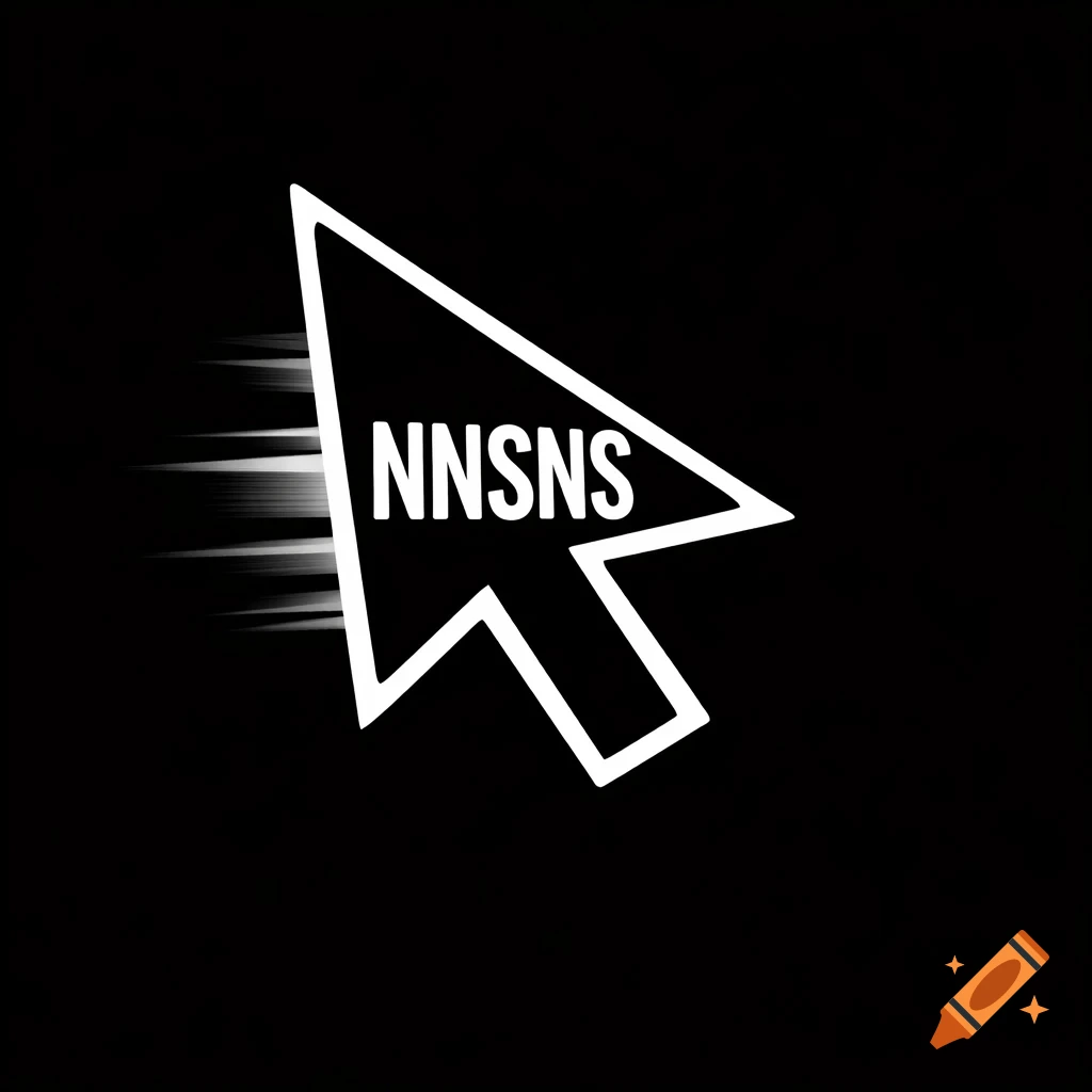 A white computer cursor with speed lines, containing the text 'NNSNS' in its center, against a black background.