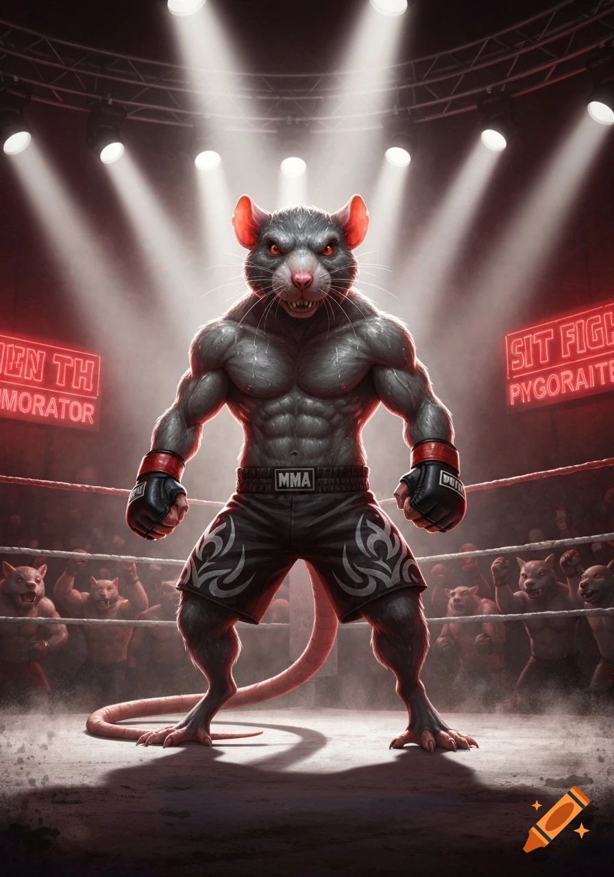A muscular, anthropomorphic grey rat wearing MMA gear stands defiantly in a lit boxing ring, with other rats in the cheering audience.