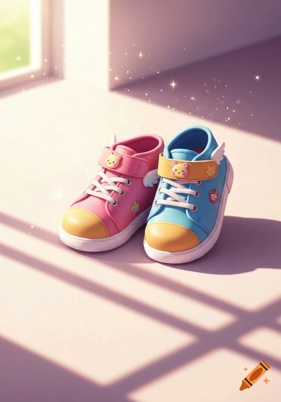 Two cartoonish pink and blue baby shoes with bear faces and wings, bathed in sunlight on a soft pink floor.