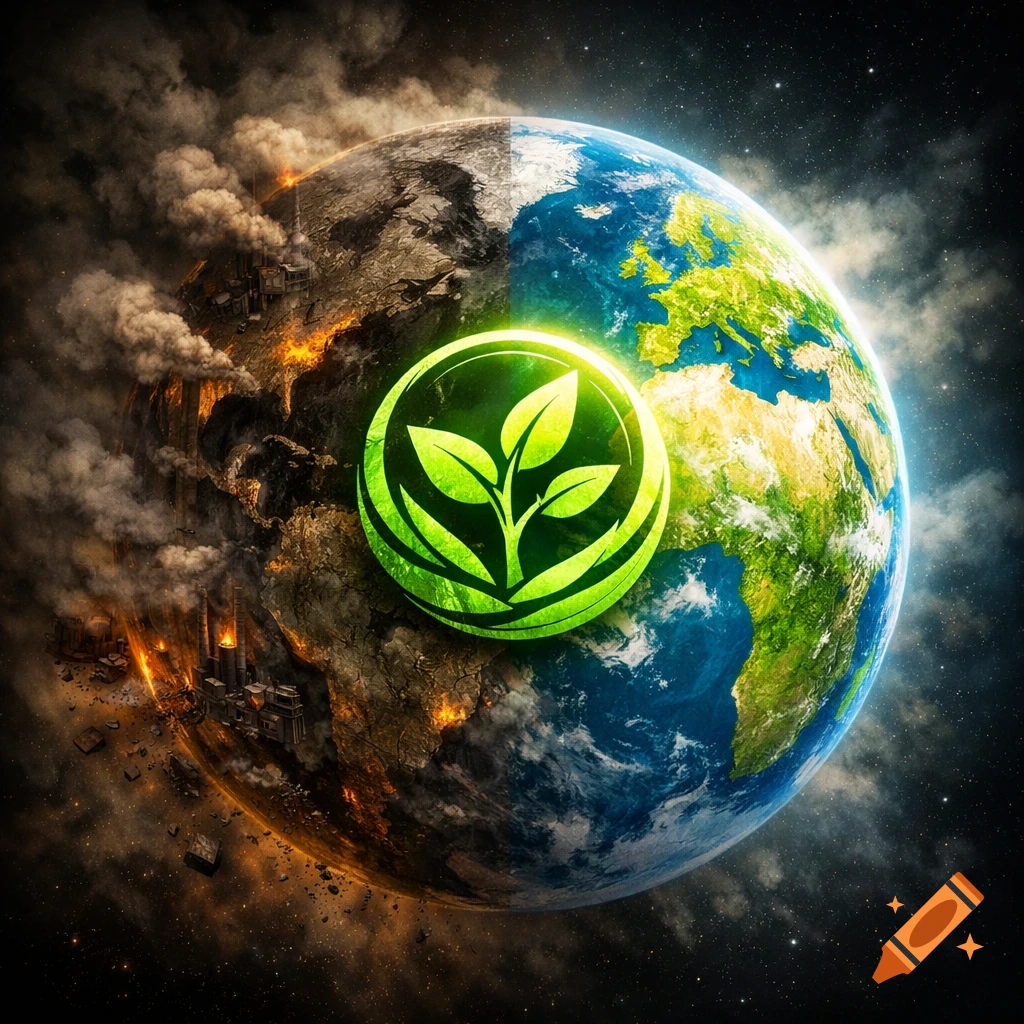 Planet Earth split: one half is polluted with factories and fire, the other is lush green; a glowing green leaf logo is in the center.