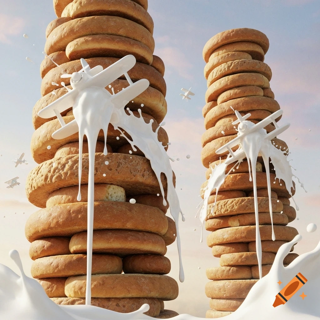 Two tall towers of stacked bread or donuts with small white biplanes, made of milk, splashing into them against a light sky.