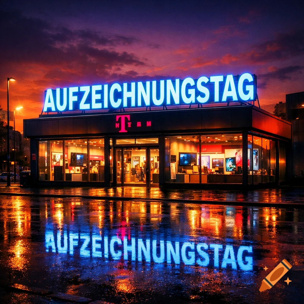 Photorealistic night scene of a brightly lit Telekom shop with a large neon sign "AUFZEICHNUNGSTAG" reflecting on the wet street.