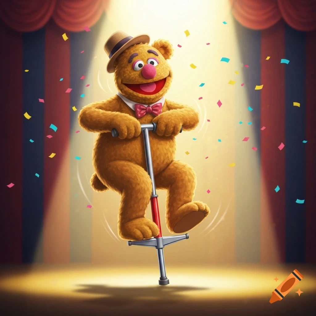 Fozzie Bear on a pogo stick, smiling under a spotlight with confetti falling on a circus stage.