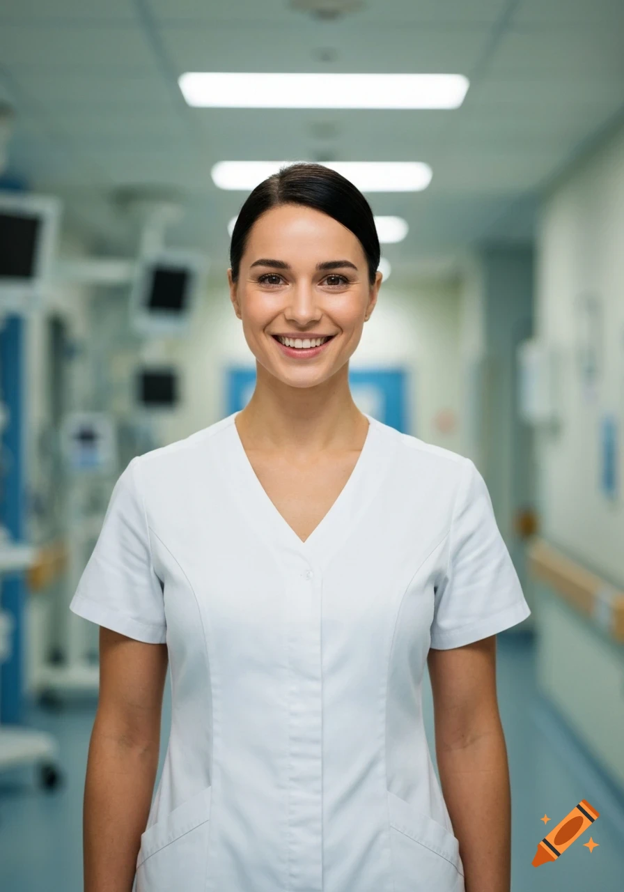 A young woman in a white nurse's uniform with dark hair smiles warmly while standing in a bright hospital hallway. Photorealistic.
