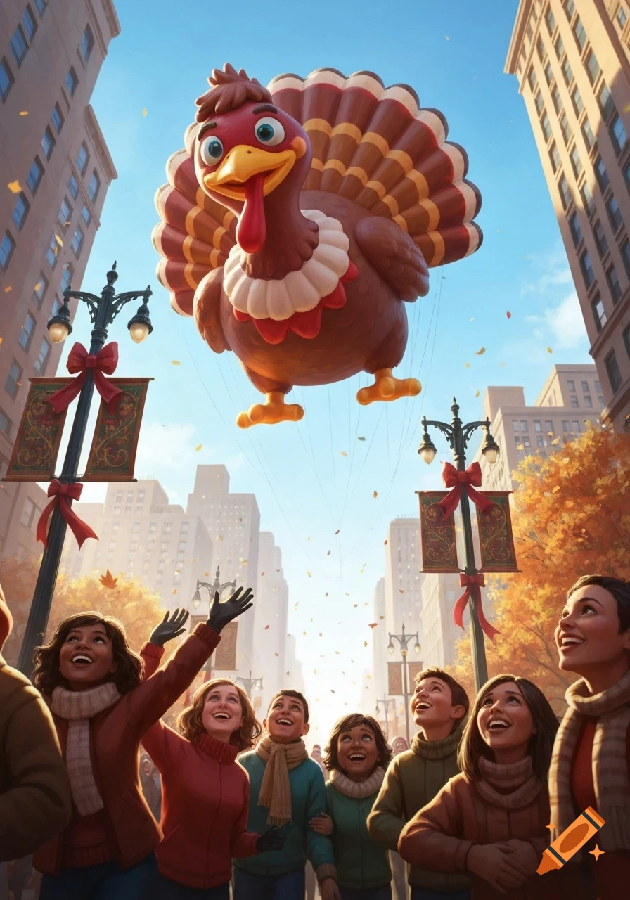 A festive parade scene shows a giant cartoon turkey balloon floating above happy onlookers in a city street, with confetti falling.