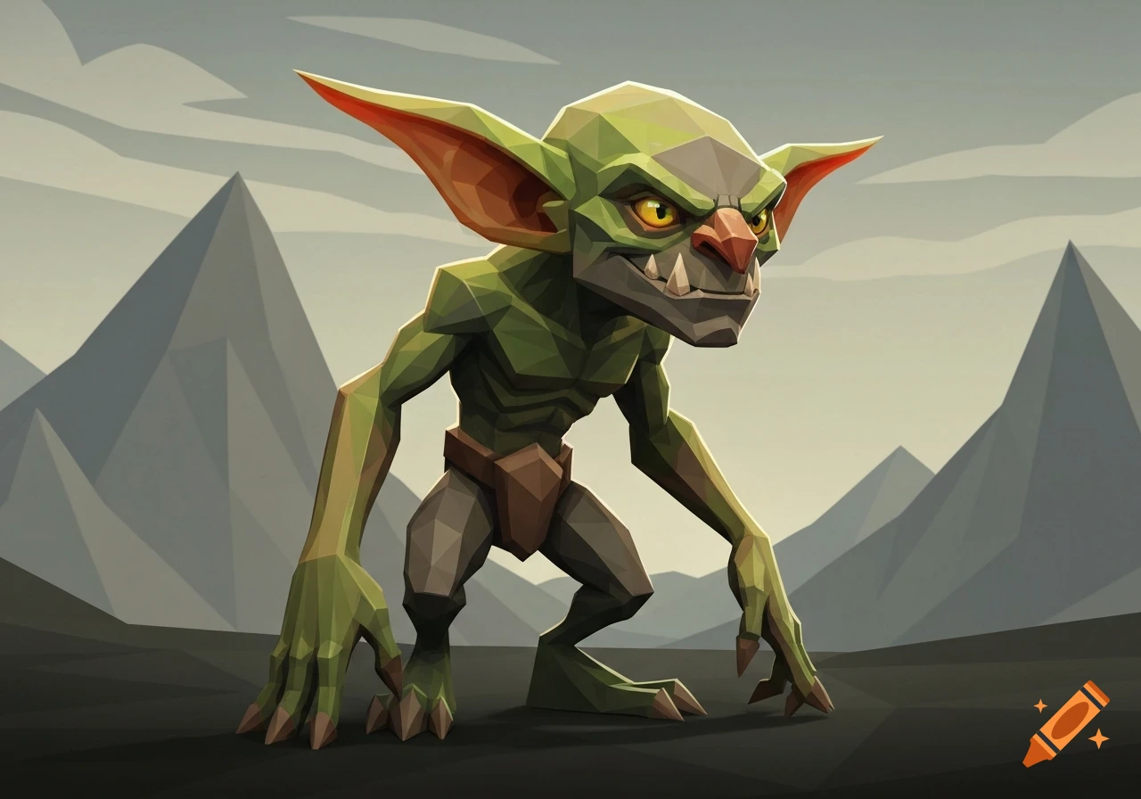 A low poly, stylized green goblin with large ears, yellow eyes, and sharp teeth, stands in front of jagged mountains.