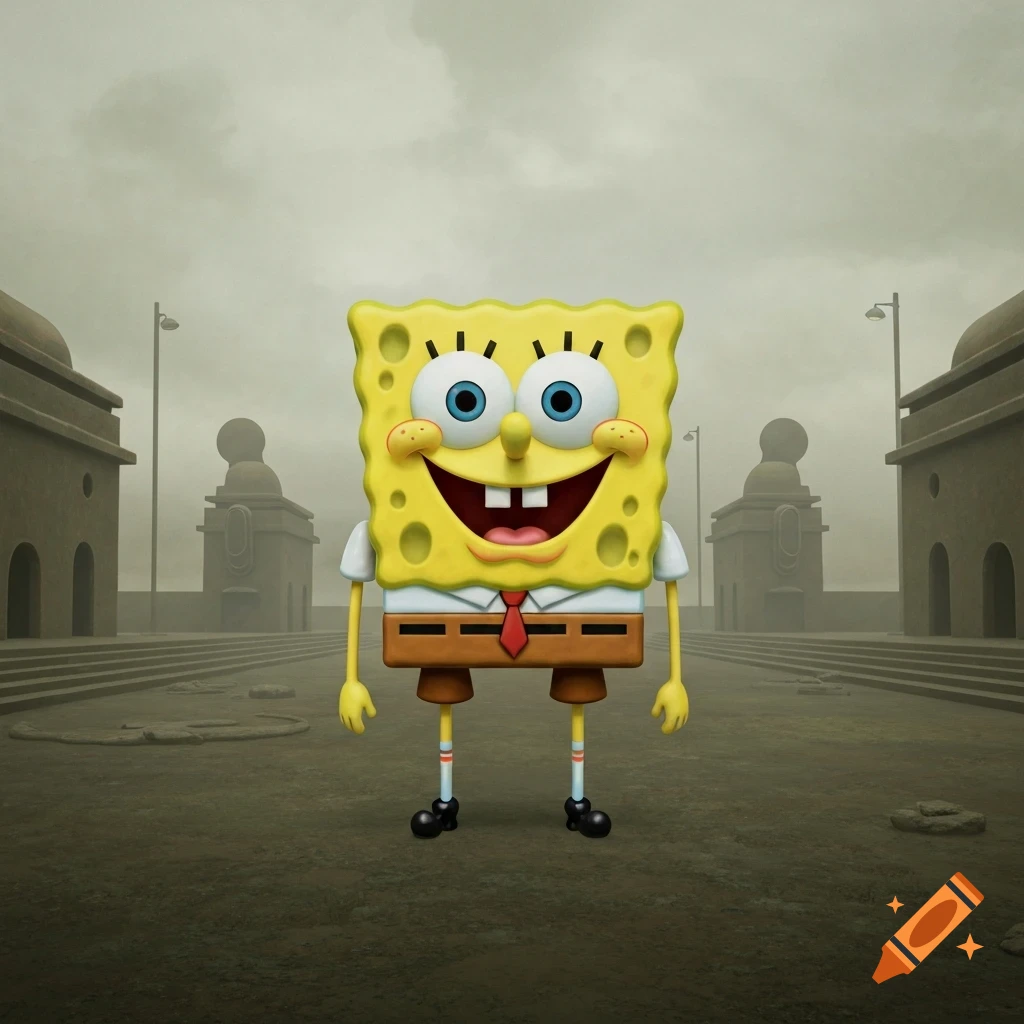 Spongebob SquarePants, rendered in 3D, stands smiling in a desolate, grey architectural square under an overcast sky.
