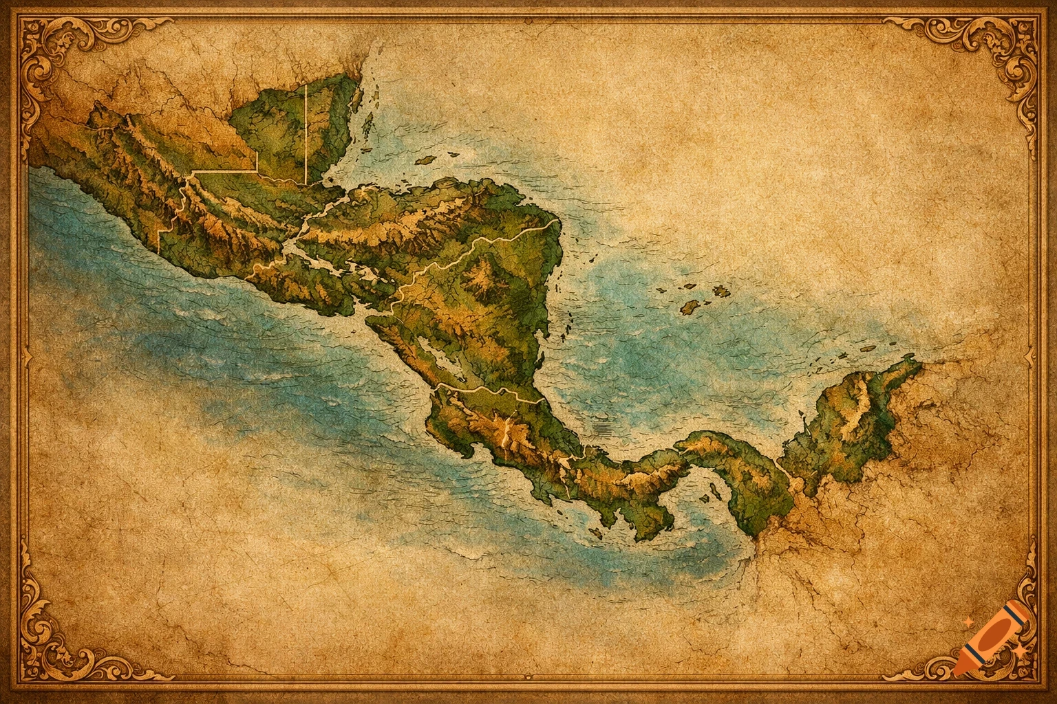 An antique-style map of Central America with raised terrain, surrounded by an ornate golden border.