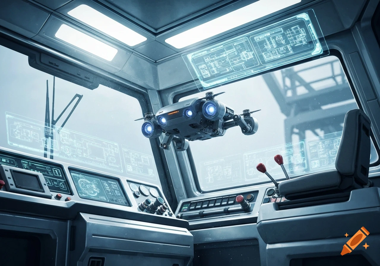 Futuristic cockpit interior with multiple holographic displays and controls, looking out at a drone flying outside.