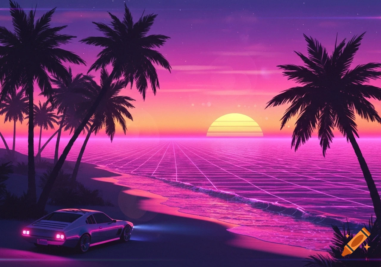 A retro synthwave tropical sunset with silhouetted palm trees, a neon grid ocean, and a stylized car on a beach.