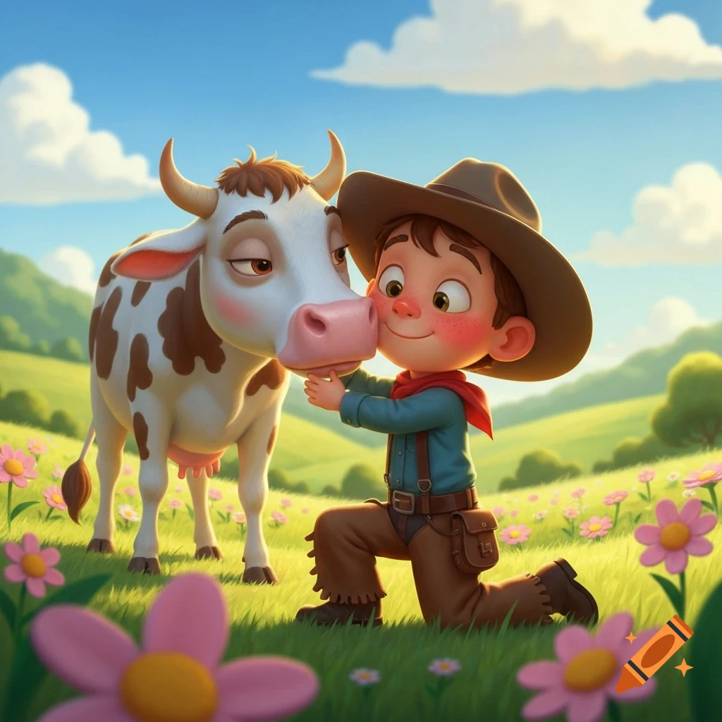 A childlike cartoon of a cowboy boy kneeling and nuzzling a cow's snout in a vibrant green field with pink flowers.