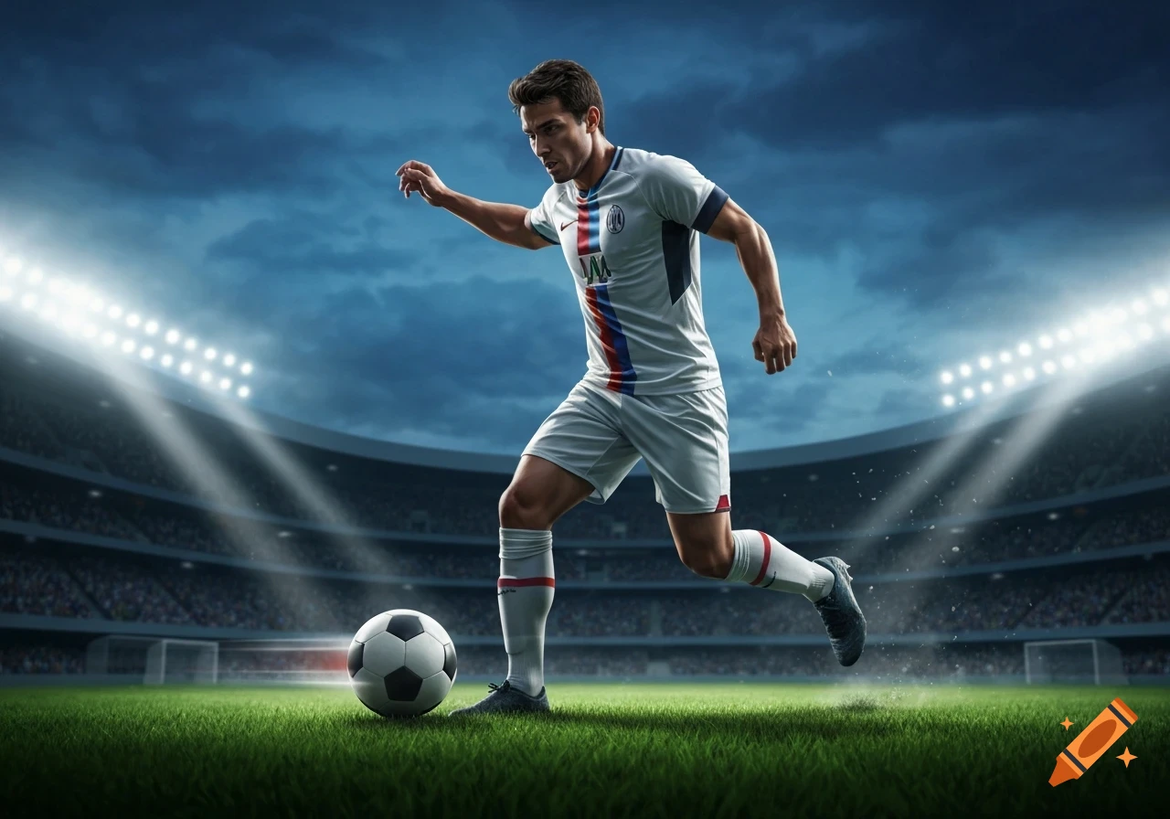 Photorealistic image of a male soccer player in a white uniform dribbling a ball on a green field under bright stadium lights at dusk.