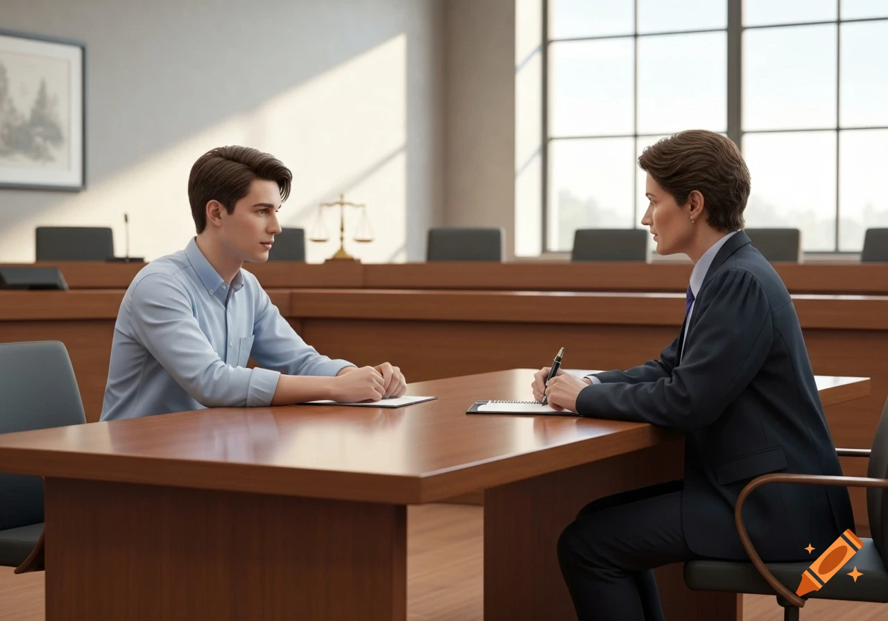 A young man in a light blue shirt sits across a table from a lawyer in a suit, who is writing. They are in a modern courtroom setting, depicted in a photorealistic style.