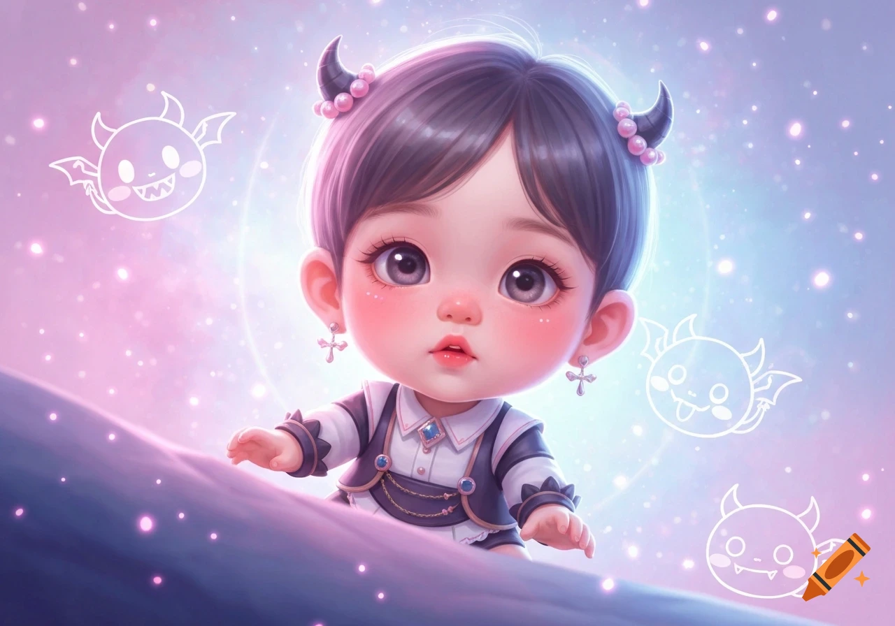 Cute chibi baby character with dark hair, devil horns, and cross earrings, wearing a formal outfit, against a sparkling pink and purple background with floating demon outlines.