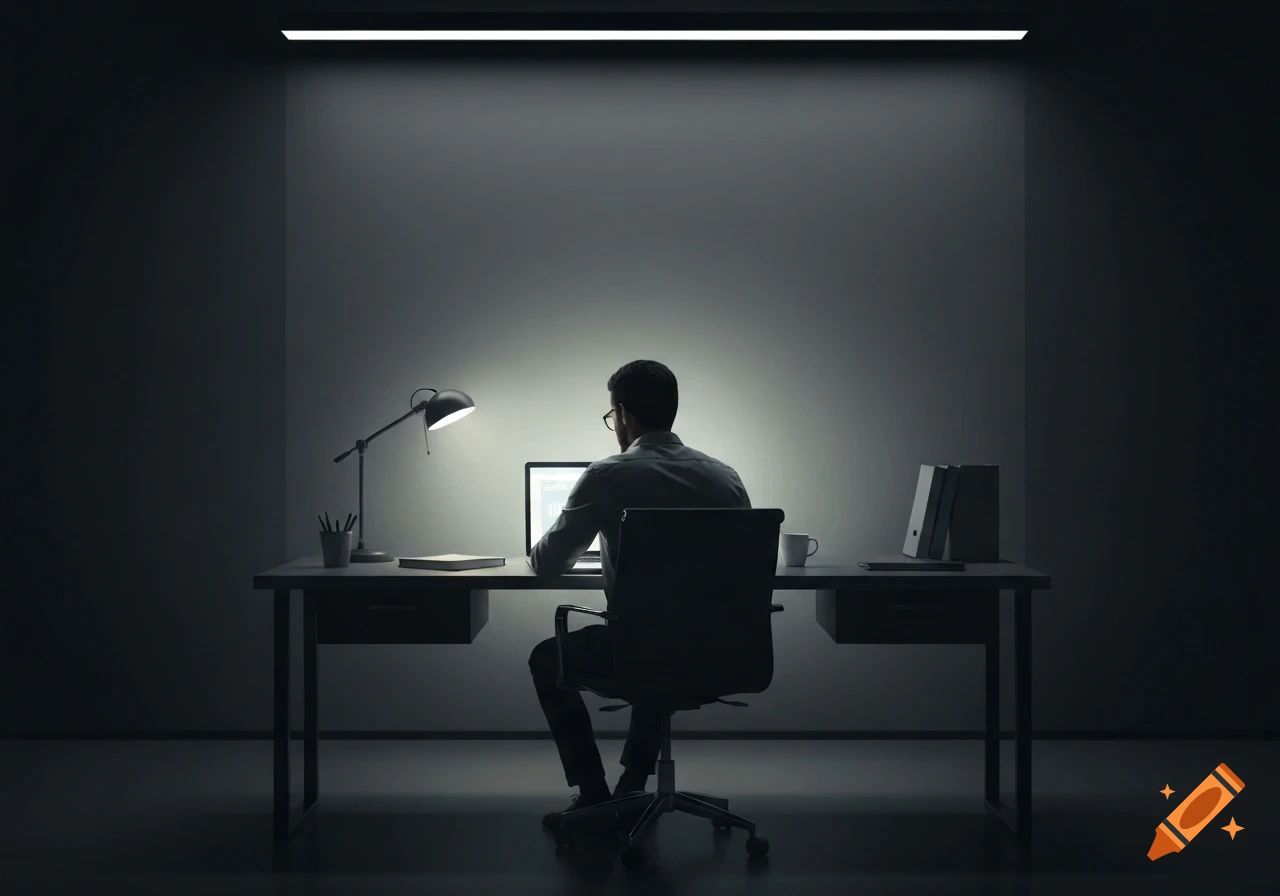 A professional businessman sits in silhouette at a modern desk, working on a laptop in a dark, minimalist office with subtle lighting.