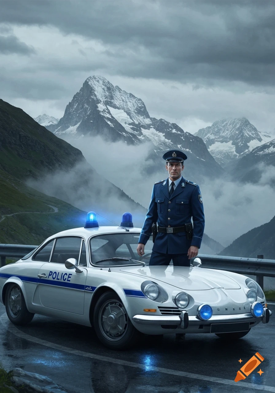 A police officer in a blue uniform stands next to a white vintage police car with blue lights on a wet mountain road, snowy peaks under cloudy skies.
