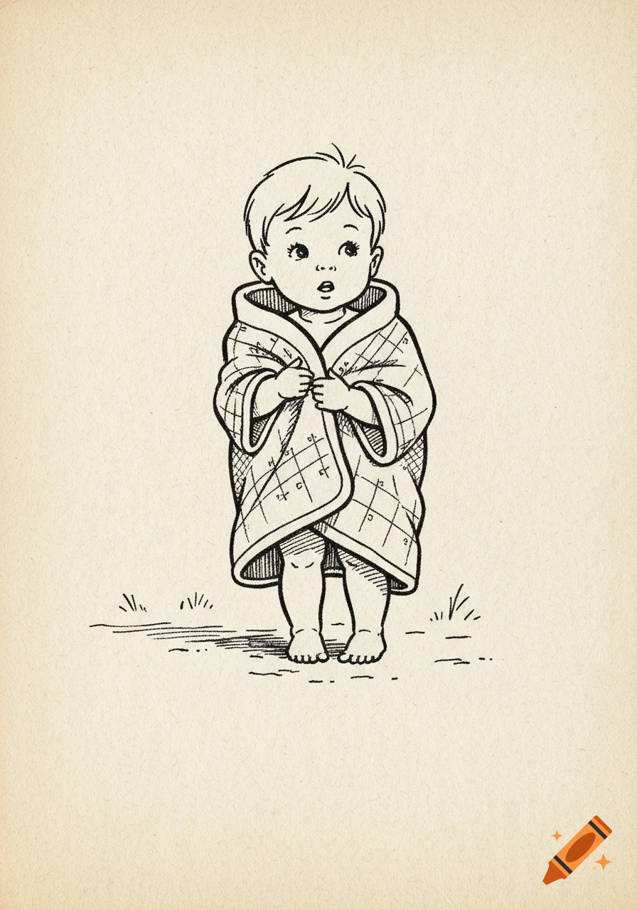 Vintage line drawing of a small child wrapped in a plaid blanket, standing on a light background.