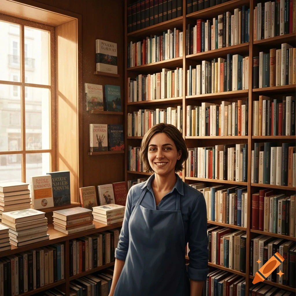 A smiling female bookseller in a blue apron stands in a sunlit bookstore, surrounded by shelves filled with books.