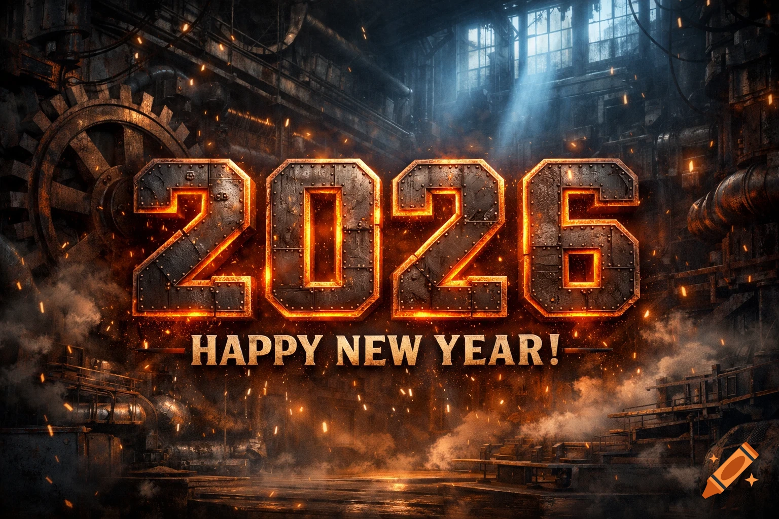 Glowing 2026 and 'HAPPY NEW YEAR!' text in a gritty industrial setting with gears, smoke, and sparks.
