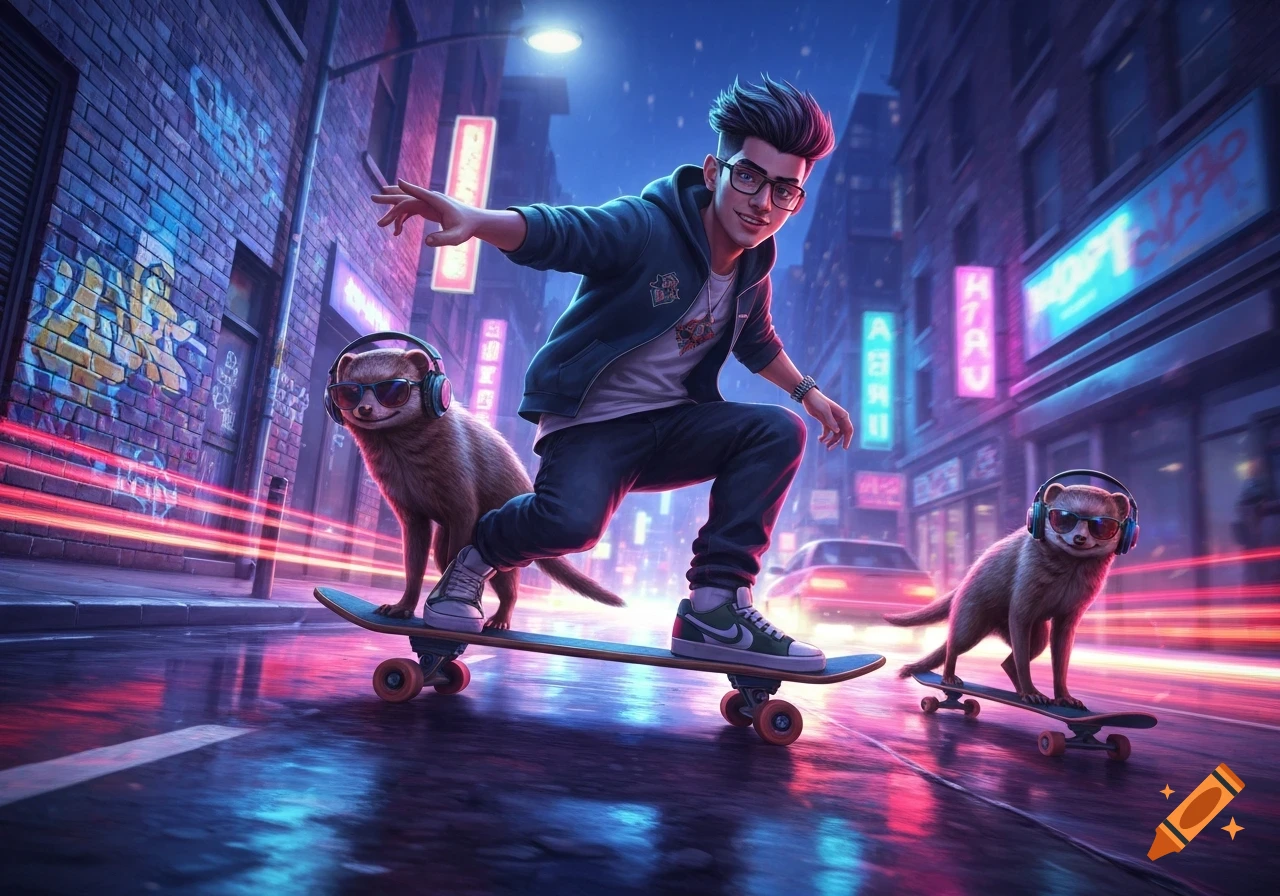 A cartoon boy and two mongooses in headphones skateboard down a vibrant, neon-lit city street at night.