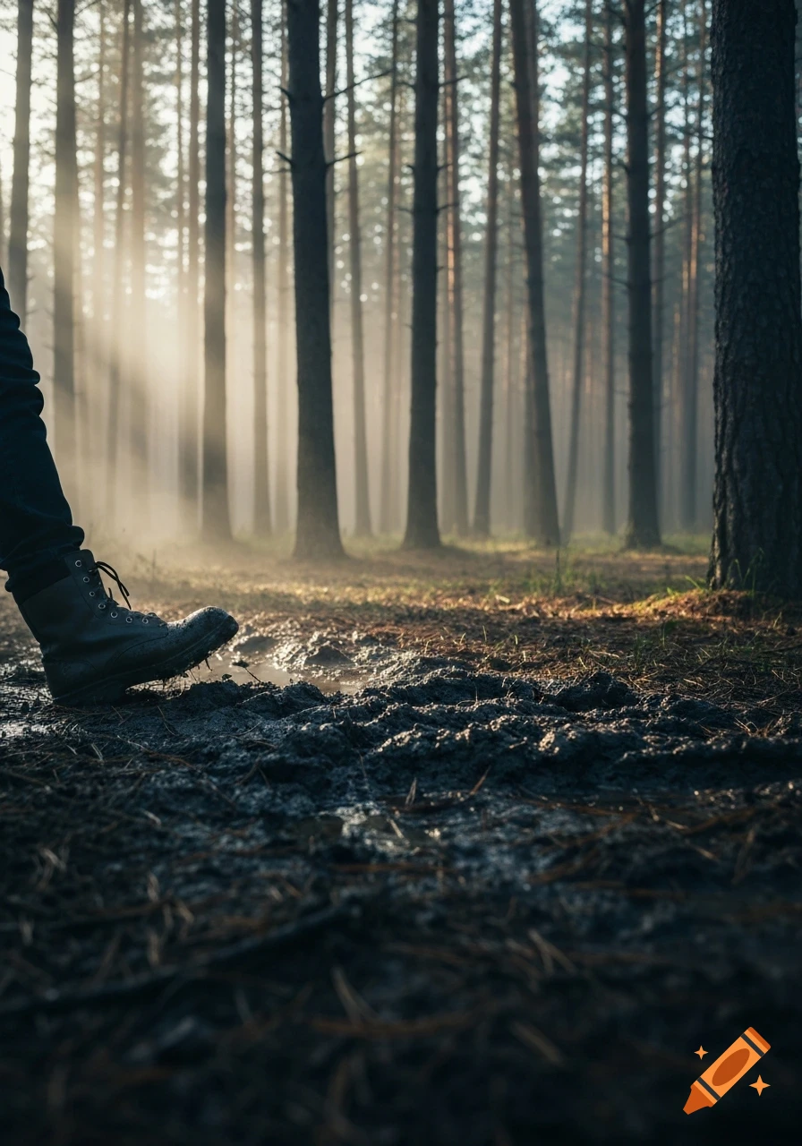 A boot steps into wet mud in a misty, dark pine forest at dawn with moody lighting.