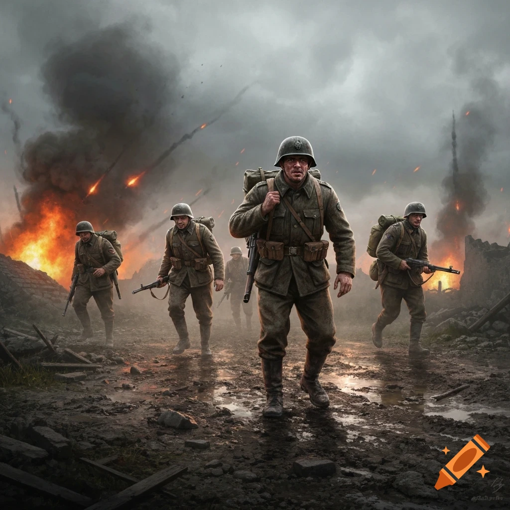 Photorealistic image of five World War 2 soldiers in uniform walking through a muddy, war-torn landscape with explosions and smoke.