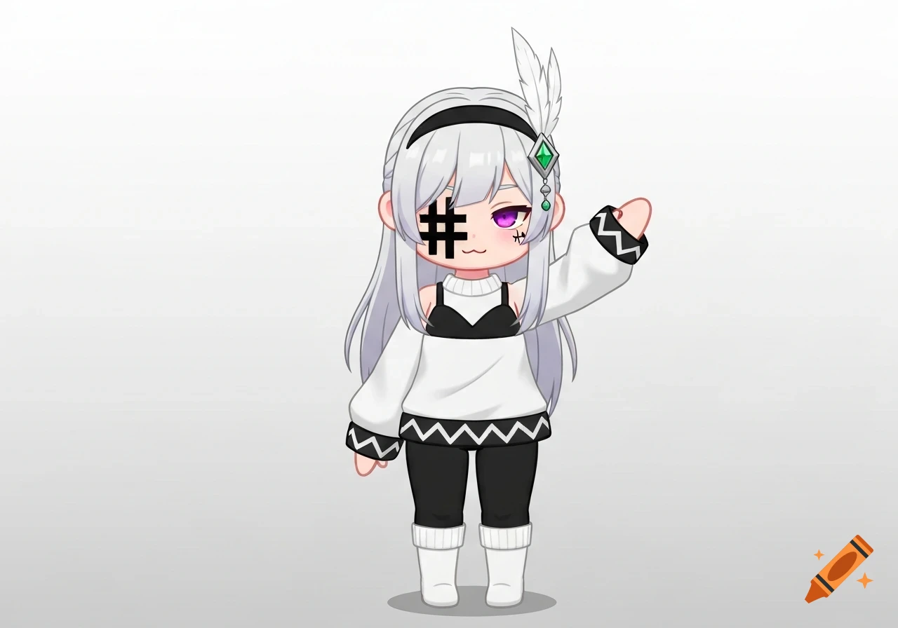 A chibi anime character with silver hair, one purple eye, and a black hashtag symbol over the other eye, wearing a white sweater and black pants.