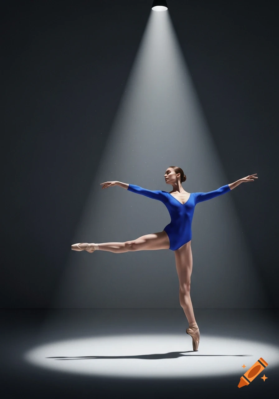 A photorealistic image of a ballerina in a blue leotard and pointe shoes, performing an arabesque under a spotlight.